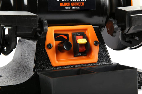 Top Shelf 6 Inch Bench Grinder With 2.5 Amp Variable Speed Motor And Built In Work Light control panel with switch settings.