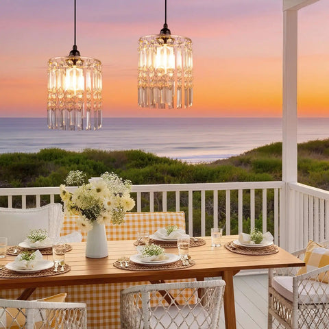 Battery Operated Chandelier With Acrylic Crystal Beads Waterproof Hanging Pendant Lights Dimmable Timer For Patio Decor Two Pack above a dining table.