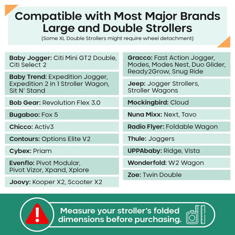Chart showing compatibility of the Large Stroller Travel Bag For Airplane Use Waterproof Nylon Construction with various stroller brands and models.