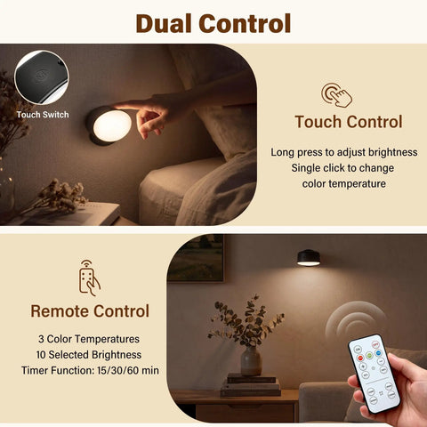 Battery Operated Wall Sconce 2 Pack, Rechargeable Wall Lights for Bedroom with touch and remote control features