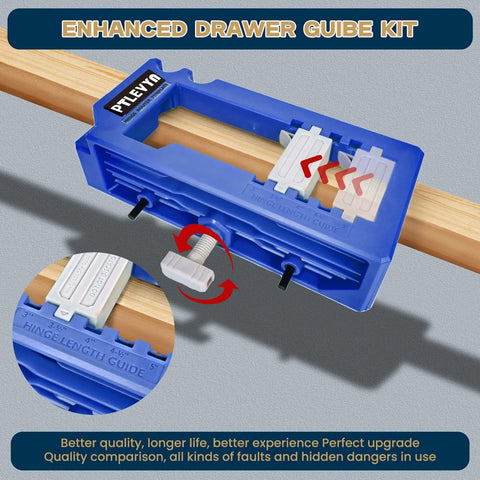 Pro Grade Door Hinge Mounting Template Kit With Mortise Opener And Locking Clips For Three To Five Inch Hinges showing hinge length guide on wood.