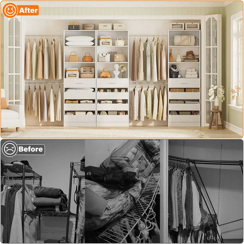 Slick Modular Closet System With Twelve Roomy Drawers And Four Heavy Lifting Rods Adjustable From Eight Point Five To Eleven Point Five Feet For Zero Hassle Bedroom Organization Super Simple Fast Assembly Setup, spacious and organized closet display.