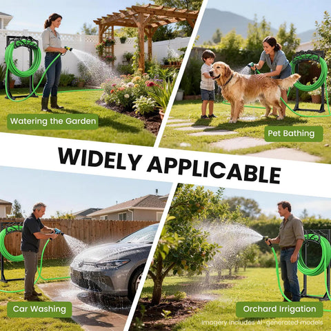 Heavy Duty Freestanding Garden Hose Holder Built To Last With Thick Gauge Metal For Outdoor Use in various outdoor settings.