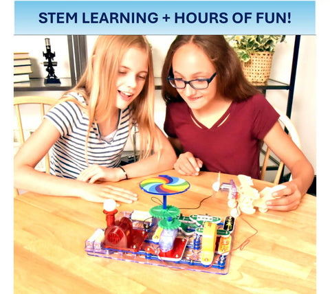 Children using Motion Electronics Discovery Kit For Kids Build Dozens Of Safe, Fun Circuit Toys With Easy Projects That Teach Basic Electricity, Cool Physics And Engineering Concepts In A Hands On, Kid Friendly Way