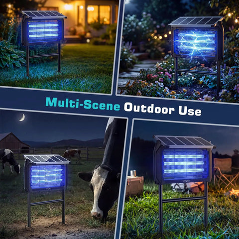 Outdoor Bug Zapper Powered By Solar And USB, 4000V Grid, 15W UV LED Fly Light Attracts Flies And Moths in various outdoor scenes