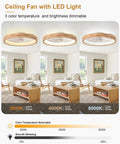 24 Inch Wood Fandelier Ceiling Fan With Integrated Light Flush Mount Frame features three color temperatures and adjustable brightness.