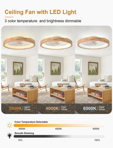 24 Inch Wood Fandelier Ceiling Fan With Integrated Light Flush Mount Frame features three color temperatures and adjustable brightness.