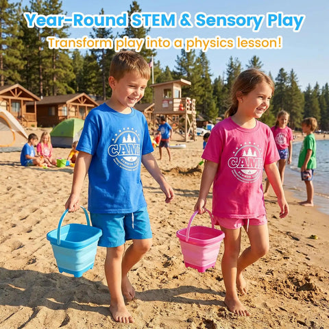 Children on beach with three pack collapsible buckets for kids foldable sand pails for beach sandbox camping and epic summer fun