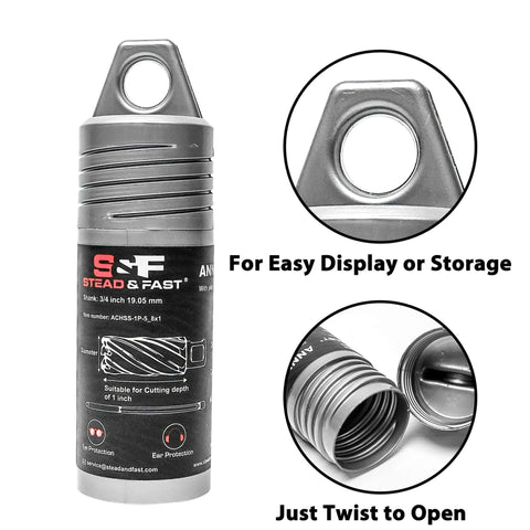 Annular cutter, S&F Stead & Fast, 5/8 in diameter, 1 in depth of cut, gray storage tube