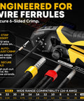 Hex Ferrule Crimping Tool Kit With Self-Adjusting Ratcheting Wire Crimper And 11-Type Terminal Assortment For 12V Auto, Marine, And Home Wiring, AWG 24-4 (0.25-25mm²) showing black handle and wire crimps in use