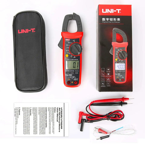 UT204R Digital Clamp Meter With Auto Ranging, True RMS, 6000 Counts with box, case, and accessories displayed on white background