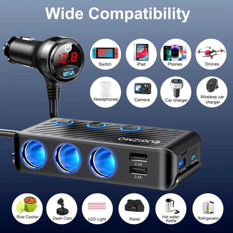 Plug Straight Into Your Whip With This Eight In One Cigarette Lighter Adapter Packing triple sockets, two PD 30W USB-C ports, and three USB ports.