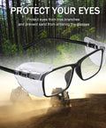 Keepin Your Eyes Safe With Flexible Slip On Eye Glasses Side Shields 8 Pairs Universal Fit Cushioned TPU Protection From Wind Debris Easy On Off Comfortable Shield For Safety And Reading Glasses on outdoor scene.