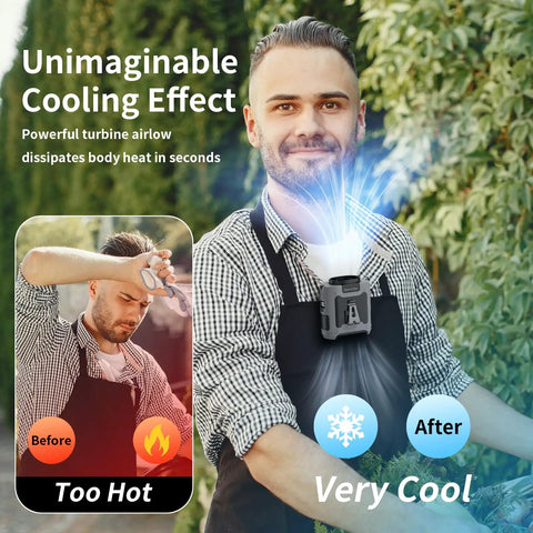 Man using 10000mAh Portable Waist Clip On Fan With 5 Speeds And Built In Flashlight, Hands Free Belt Personal Cooling in garden