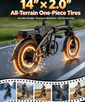 Powerful 1200W Folding Electric Bike For Adults with 14 inch all-terrain tires shown on various roads.