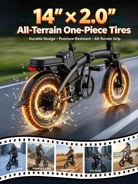 Powerful 1200W Folding Electric Bike For Adults with 14 inch all-terrain tires shown on various roads.