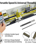 Badass 8X39 Inch Metal Bench Lathe With 1100W Brushless Motor And Dead Nuts Precision Variable Speed Ranging From 50 To 2500 RPM showing variable speed control and threading tools.