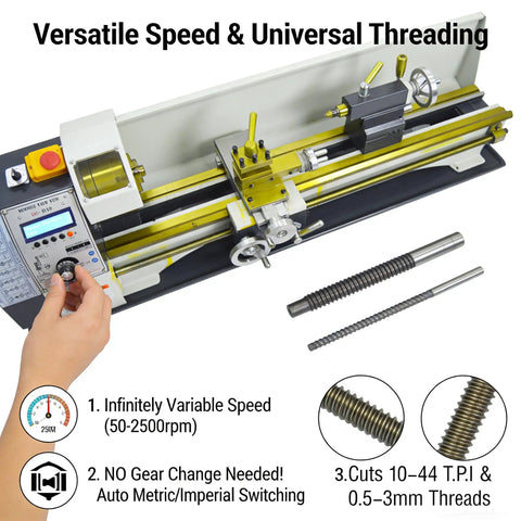 Badass 8X39 Inch Metal Bench Lathe With 1100W Brushless Motor And Dead Nuts Precision Variable Speed Ranging From 50 To 2500 RPM showing variable speed control and threading tools.