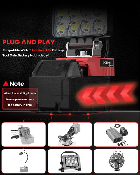 Milwaukee 18V LED Work Light Cordless compatibility instructions with battery insert illustration, USB C and A ports visible