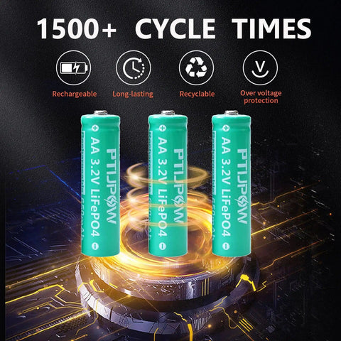 Three AA 3.2V LiFePO4 650mAh Solar Battery Pack For Backyard Solar Lights on glowing circuit background.