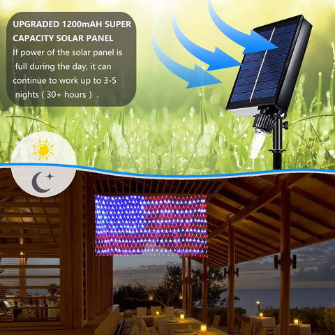 Patriotic Flag String Lights With Solar Or USB Power, 420 LED Net Light For Outdoors, lit American flag on patio with solar panel.