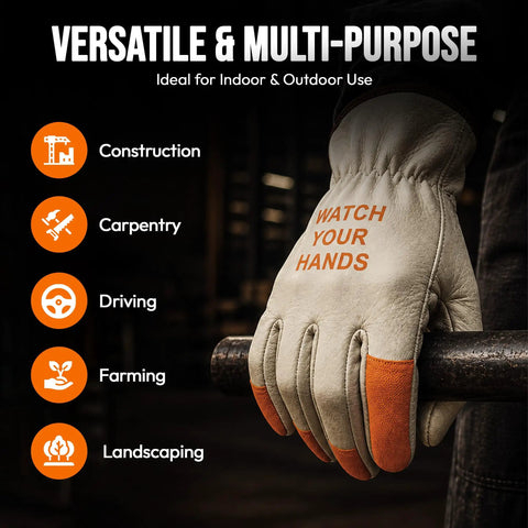 Hi Vis Leather Work Gloves With Orange Tips For Extra Large Hands, Watch Your Hands, split cowhide, Keystone thumb gripping metal bar