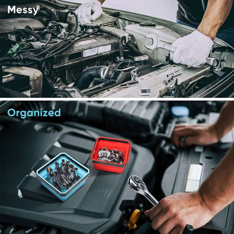 Mechanic using New Version Collapsible Magnetic Parts Tray Set Four Pack With Four Point Five Inch Square Silicone Foldable Bowls And Dual Sided Magnetic Base Magnetic Tool Trays For Screws Bolts Nuts Washers Pins And Small Metal Parts