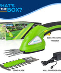 Quick Change Blade Cordless Garden Shears For Snipping Grass And Trimming Hedges Rechargeable Lightweight Handheld Clippers Electric Trimmer display with electric trimmer and accessories.