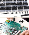Top Shelf Laptop Screws Kit With 840 Pieces Featuring 24 Precise Sizes For Motherboard Repairs And Tough As Nails M2 SSD Mounting Includes Rock Solid Screwdriver for laptop repair and assembly.
