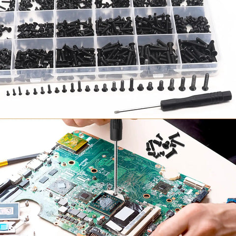 Top Shelf Laptop Screws Kit With 840 Pieces Featuring 24 Precise Sizes For Motherboard Repairs And Tough As Nails M2 SSD Mounting Includes Rock Solid Screwdriver for laptop repair and assembly.