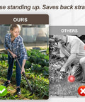 Person using 45 Inch Long Handle Garden Hoe 2 In 1 Cultivator for weeding and loosening soil in a small home garden