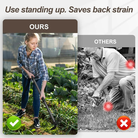 Person using 45 Inch Long Handle Garden Hoe 2 In 1 Cultivator for weeding and loosening soil in a small home garden