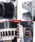 Close-up details of Beefed Up 12V 130Amp Alternator for Toyota Tacoma 2005 to 2015 and 4Runner 2003 to 2009 4.0L V6 with 7 grooves CW pulley OE 27060-0P020 Replacement High Output Power