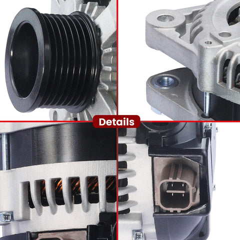 Close-up details of Beefed Up 12V 130Amp Alternator for Toyota Tacoma 2005 to 2015 and 4Runner 2003 to 2009 4.0L V6 with 7 grooves CW pulley OE 27060-0P020 Replacement High Output Power