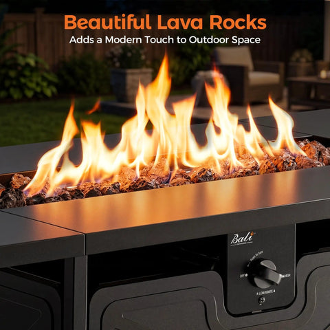 Propane Fire Pit Table For Outdoor Living 42 Inch Large Black Fire Pit Table with lava rocks and flames on patio