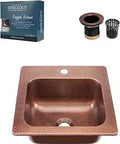 Copper Kitchen Sink With Seurat Jr Drain Armor Kit 18 Gauge Solid Copper Construction with drain components and packaging.