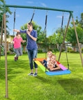 Backyard Swing Set With 45 Inch Platform Saucer Swing And Belt Swing For Kids Ages 3 To 8, Outdoor Playground Gear in use