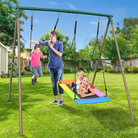 Backyard Swing Set With 45 Inch Platform Saucer Swing And Belt Swing For Kids Ages 3 To 8, Outdoor Playground Gear in use