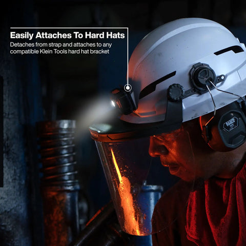Rechargeable LED Headlamp With Adjustable Fabric Strap, 400 Lumens, All Day Runtime, Built For Work, Attached to Hard Hat