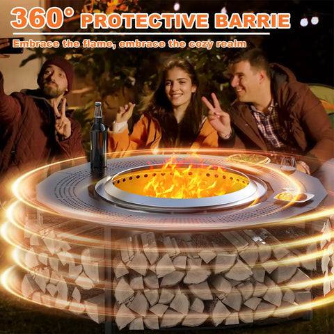 People around a 48 Inch Fire Pit Surround Tabletop With Cover For Yukon Bonfire And Ranger Pits, Tiki Compatible Smokeless Pits