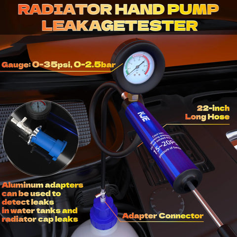 31 Piece Coolant Pressure Tester Kit With Radiator Adapters And Vacuum Refill Tool For Automotive Cooling System Leak Detection And Easy Refilling On The Go, gauge and 22-inch hose