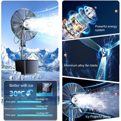 Heavy Duty Standing Misting Fan With Three Speed Settings And Wide Oscillating Head Industrial Water Spray Cooler for outdoor spaces.