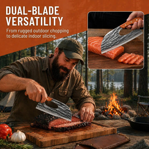 Man using Hand Forged Chef Knife And Cleaver Set With Leather Sheath, Carbon Steel Viking Meat Cleaver for outdoor cooking.