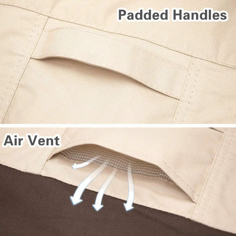Heavy Duty High Back Patio Chair Cover 2 Pack Built To Last Waterproof Outdoor Furniture Covers 600D Oxford PVC Coated showing padded handles and air vent