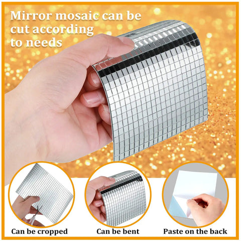 Self Adhesive Disco Mirror Mosaic Tiles For DIY Craft Projects Silver 5x5mm 10800 Pieces Across 18 Sheets shown bent in hand