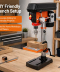 Ridfy 8 Inch Benchtop Drill Press, 5 Speed 770-3410 RPM With Tilt Table for Wood Metal DIY Maker Projects compact setup in workshop.