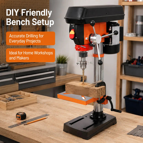 Ridfy 8 Inch Benchtop Drill Press, 5 Speed 770-3410 RPM With Tilt Table for Wood Metal DIY Maker Projects compact setup in workshop.
