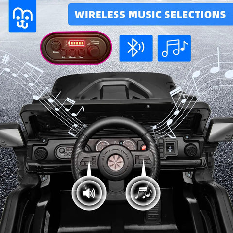 Dashboard view of Awesome 12V Kids Electric Ride On Truck With Remote Control Dual 35W Motors, showing Bluetooth music panel.