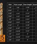 Heavy Duty 15 Pc Cobalt M35 Twist Drill Bit Kit For Metal Stainless Steel Cast Iron Wood And Plastic With Smart Storage Box, sizes chart