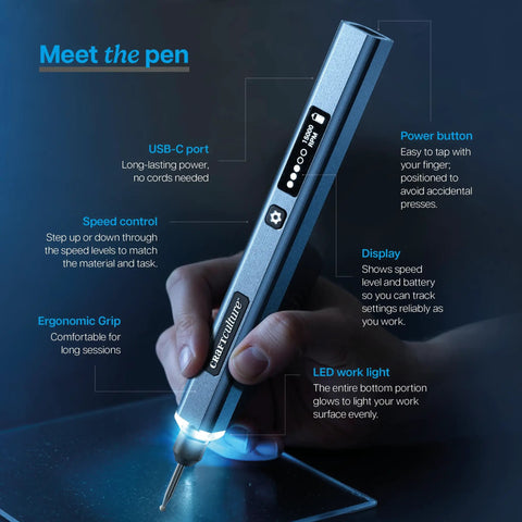 Engraving Pen for Metal, Wood, Glass, Plastic, and All Materials With 31 Pro Grade Bits, Bright LED Light, and 20,000 RPM in use.